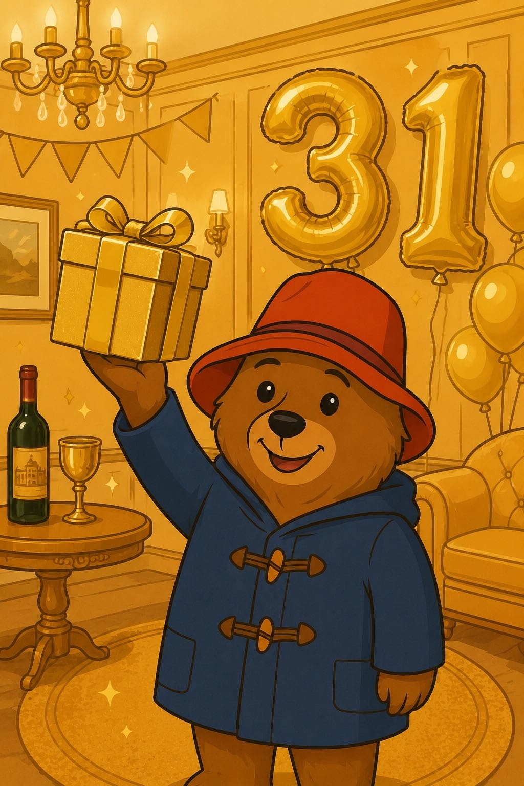 Paddington Bear in a blue duffle coat and red hat, holding up a gold present under gold '31' balloons.